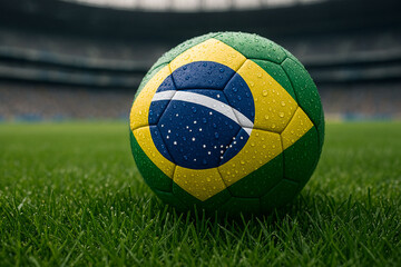 Brazil-Themed Football on Wet Grass in Stadium