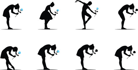 Silhouette female dancer bowing with blue rose flower, graceful ballet poses and emotional movement, elegant woman figure isolated on white background