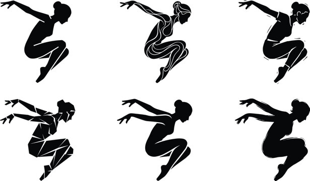Silhouette female dancer jumping in dynamic pose, abstract and geometric body shapes, modern contemporary dance figure isolated on white background