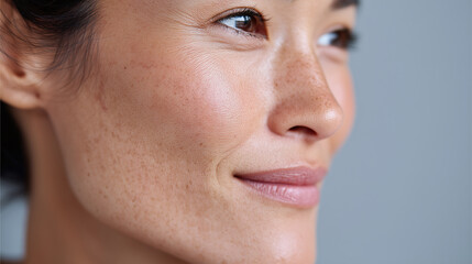 Close up of smiling woman with smooth skin and natural freckles showing healthy complexion and soft focus highlighting gentle facial features