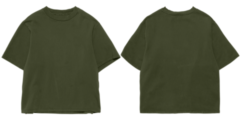 Front and back green army oversized boxy tshirt mockup, transparent background