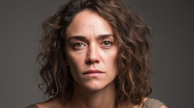 Studio portrait woman curly hair serious expression beige backdrop close up natural light female adult emotion