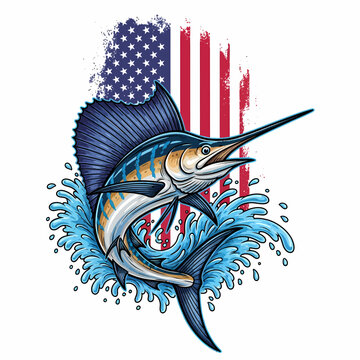 american flag sailfish jumping out of water with blue ocean splash vector illustration