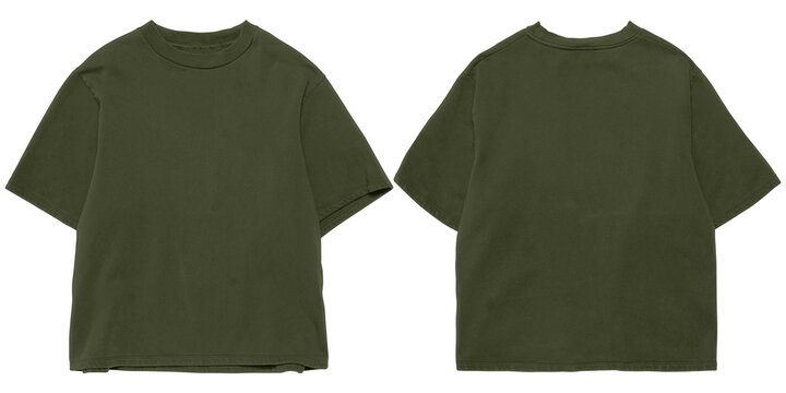 Front and back green army oversized boxy tshirt mockup, transparent background