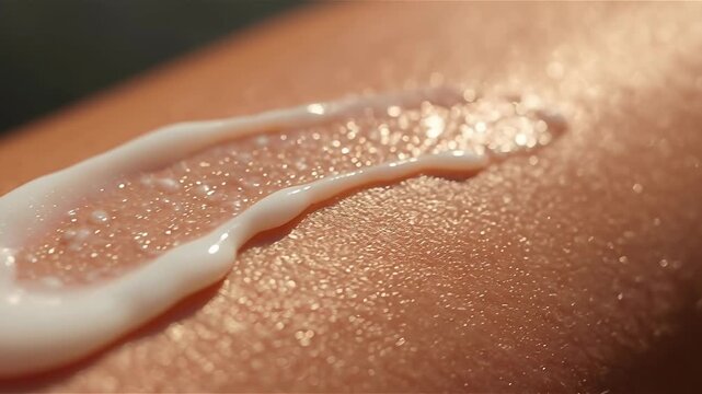 Sunscreen lotion swatch close up detail on sun kissed woman skin summer concept. 

