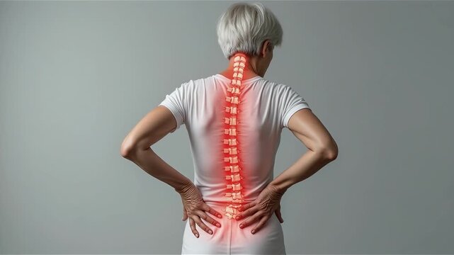 Old woman in white clothes holding her back because she have a painful back suffering from spine pain 
