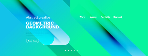 Obraz premium Vibrant abstract background features geometric shapes, gradients. Text includes work, about, portfolio, contact options. Button invites further exploration.