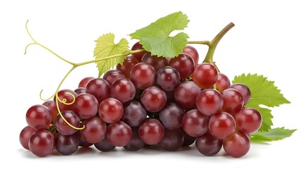 Fototapeta premium Fresh Red Grapes Bunch with Green Leaves Isolated on White Background
