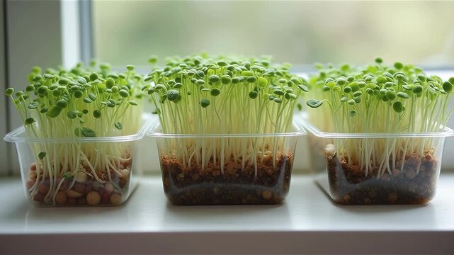 microgreens, Three transparent containers filled with young green sprouts on windowsill, promoting growth and renewal, calm, freshness, new beginnings, springtime., themes: life, growth, nature, seren