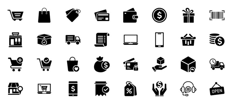 E-commerce and online shopping solid black icon set. Including shopping cart, payment methods, and delivery service icons design. Vector illustration