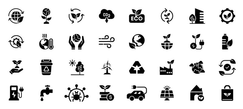 Environment and Nature Conservation solid black icon set. Including green energy, recycling, and global warming icons design. Vector illustration - Powered by Adobe