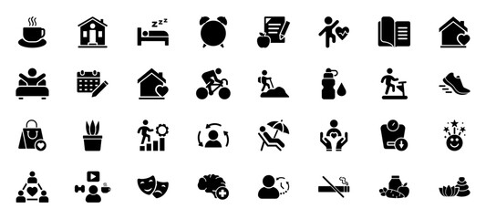 Lifestyle and daily routine solid black icon set. Including healthy habits, fitness, home life, and mental wellness icons design. Vector illustration