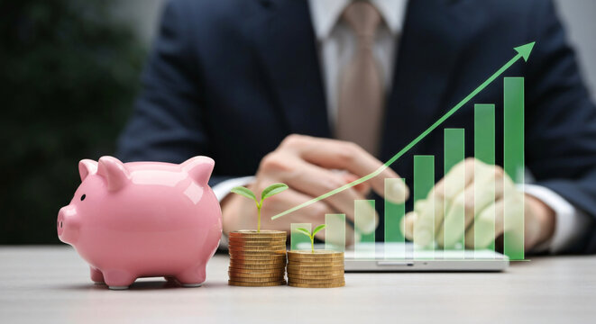 Professional business growth and success with investment strategies, economic analysis, financial planning, market trends, digital innovation, and corporate development - Powered by Adobe