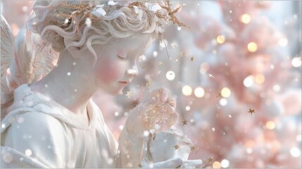 Naklejka premium Little angel holding sparkles in a winter scene with festive decorations nearby