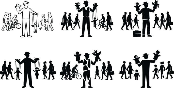 Street puppeteer performing with marionettes and hand puppets among walking pedestrians, urban street entertainment, public performance art, silhouette illustration