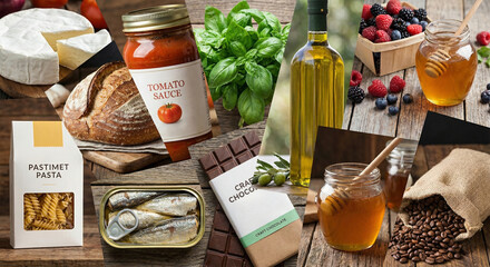 Culinary collage with various organic food products, grocery store flyer or healthy lifestyle blog header