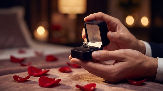 Man Proposing with Diamond Ring and Rose Petals