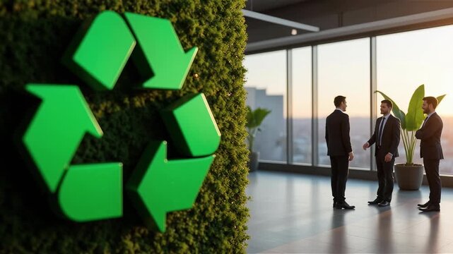 Green recycle symbol icon sign with professional environment background to represent recycling or sorting of waste at office and for working people 
