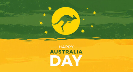 Celebratory graphic design featuring a stylized kangaroo silhouette against a vibrant yellow moon backdrop commemorating happy australia day festivities with national colors and stars