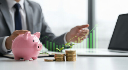 Professional business meeting with financial growth analysis, investment strategy, corporate teamwork, digital technology, economic success, and modern enterprise development