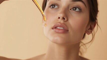 Golden skincare cosmetic serum pouring and flowing from pipette on beautiful female woman beauty models face detail. Gentle natural moisturizing hydration and skin care routine