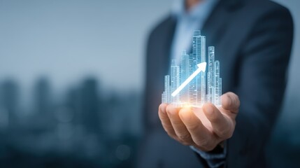Businessman Holding Digital House Icon with Rising Arrow in Modern Graphic Display Over Cityscape Background