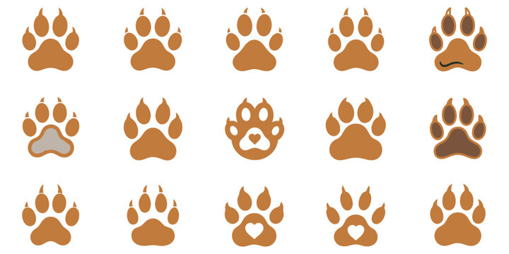 Animal paw print silhouette collection, big cat tracks, creative vector set, unique wildlife design illustration.	