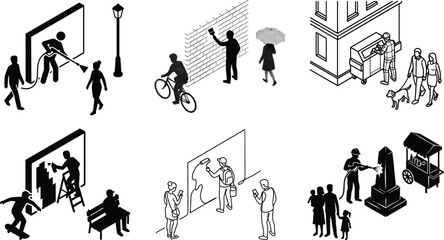 Urban street cleaning and city life scenes, graffiti removal, power washing, pedestrians, public sanitation workers and everyday outdoor activities illustration