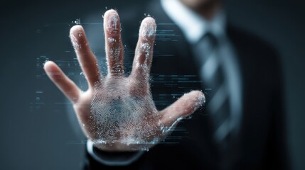 Businessman Pressing Handprint on Transparent Digital Screen for Control and Interaction in a Modern Environment