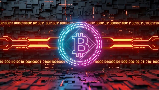 Futuristic digital illustration of a glowing cryptocurrency coin with binary code and circuit board background - Powered by Adobe