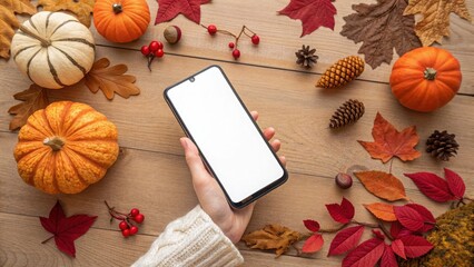 Hand holding phone with empty screen amid Thanksgiving pumpkins, autumn leaves, and fall decor on wooden table, ideal for holiday e-commerce ads.