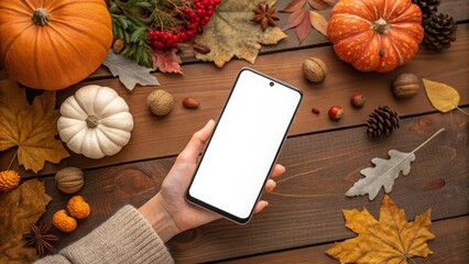 Hand holding phone with empty screen amid Thanksgiving pumpkins, autumn leaves, and fall decor on wooden table, ideal for holiday e-commerce ads.