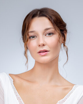 Studio Beauty Portrait Of Young Woman With Natural Makeup And Clear Skin