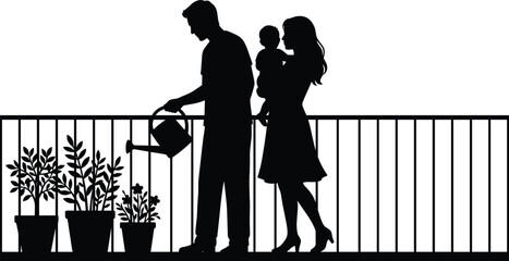 Young family watering plants on balcony silhouette, love, care, parenting, urban gardening lifestyle, togetherness concept, black white vector illustration