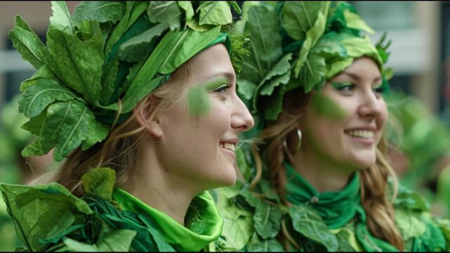 Joyful women in leafy green costumes celebrating St Patricks Day parade
