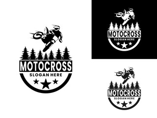Motocross jump with trees logo design vector template. Motocross sport logo design vector.