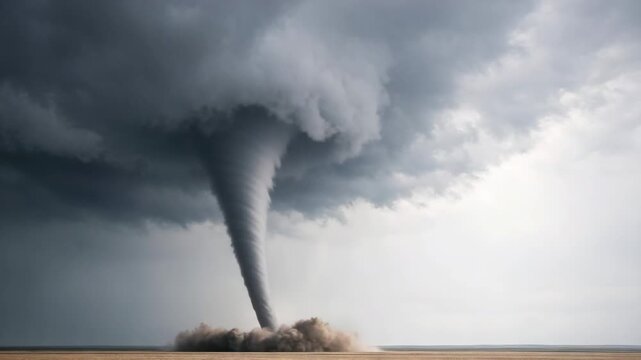 Tornado formation progresses from a narrow funnel to a wider base, swirling dust and debris, showcasing the dynamic power of nature in a dramatic landscape