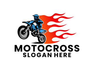 Motocross jumping illustration with burning fire logo design vector template. Motocross sport logo design vector.