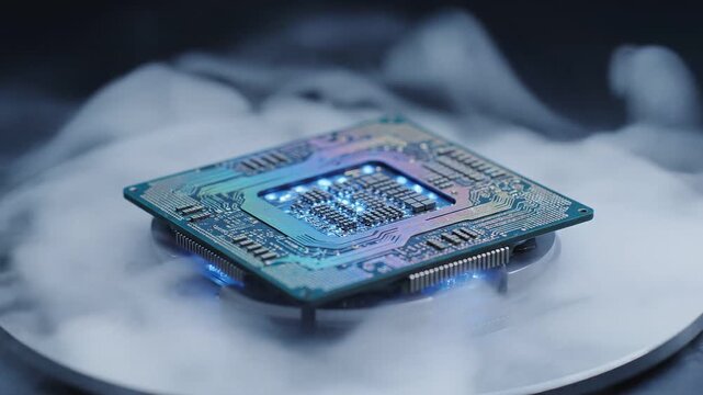 Quantum Computing Breakthroughs concept. High-tech circuit board on a reflective surface.