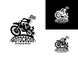 Motocross passing through muddy road with black and white flag logo design vector template. Elegant Motocross logo design vector.