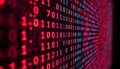 Futuristic Binary Data Stream with Red and Blue Cyber Code