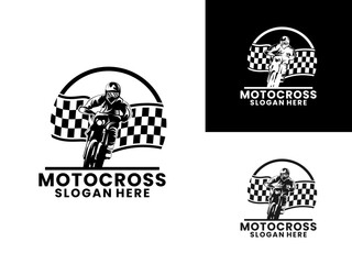 Motocross with flag start logo design vector template. Motocross sport logo design vector.
