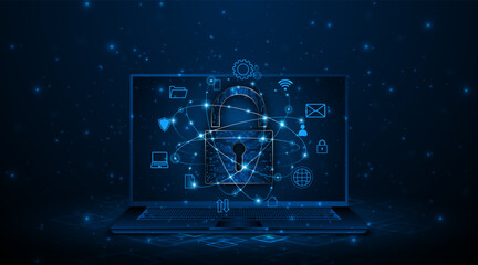 Lock icon floating above a laptop. Cyber ​​security and data protection concepts and privacy. Innovative concept of advanced safety technology
