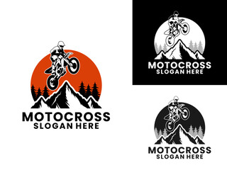 Motocross jumping with circle and mountain logo design vector template, Motocross logo vector.