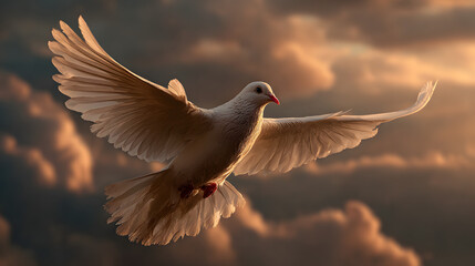 Obraz premium A white dove flying in the sky. The sky is cloudy and the sun is shining through the clouds