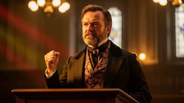 Victorian preacher delivering impassioned sermon in candlelit cathedral