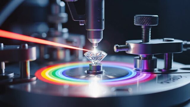 Quantum Computing Breakthroughs concept. Laser engraving a diamond on a precision machine.