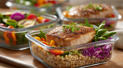 Grilled protein with grains and fresh vegetables in clear containers, balanced nutrition concept, meal prep variety, healthy eating planning, with copy space
