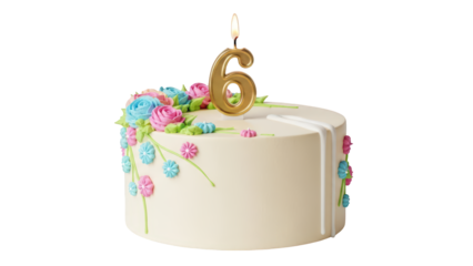 White floral cream birthday cake with number 6 candle on transparent background PNG (6 नंबर का सफेद फ्लोरल केक)