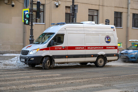 SAINT PETERSBURG, RUSSIA - JANUARY 12, 2026: Modern ambulance on the street of Saint-Petersburg